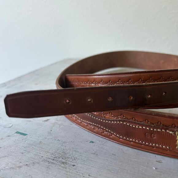 Vintage leather Ranger belt with belt buckle tooled embossed western cowboy 32 - Picture 11 of 14